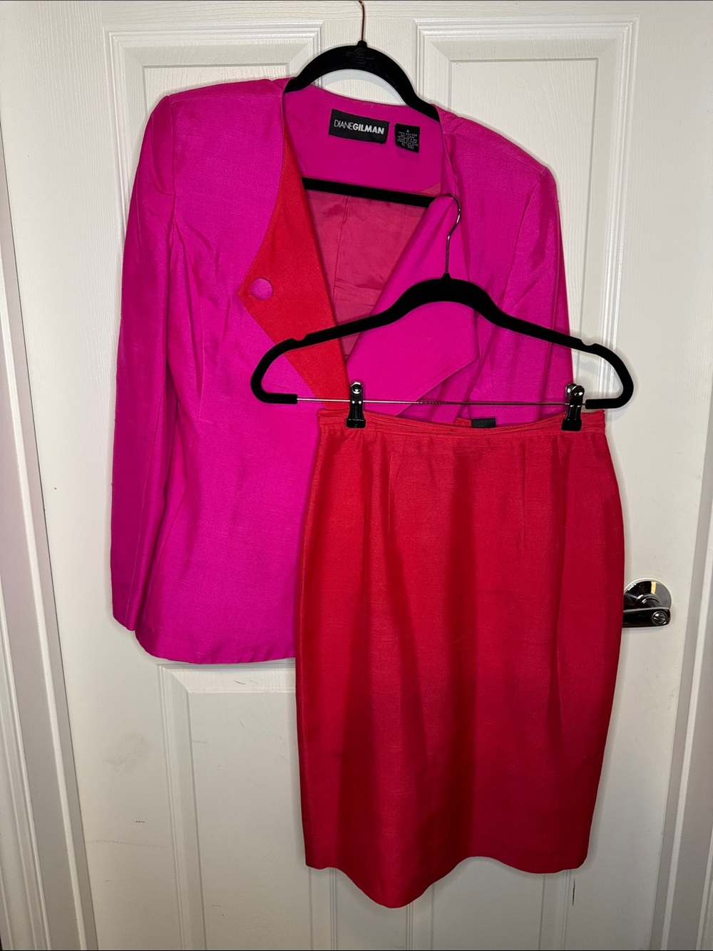 Diane Gilman Vintage Hot Pink Suit with Red Ruffle Accent